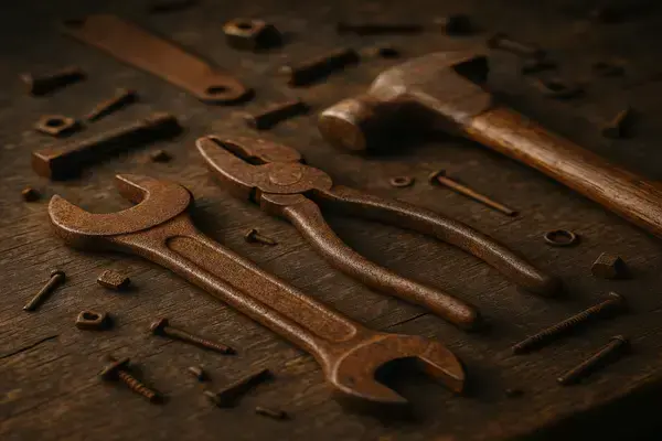 Ideias de Oficinas Retrô com Ferramentas Enferrujadas Decorativas